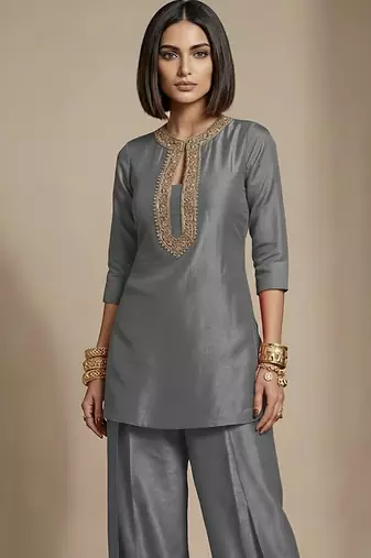 Grey embroidered raw silk co ord set