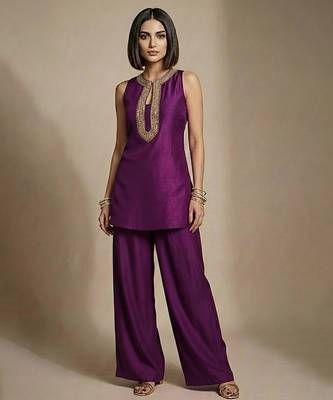 Purple embroidered raw silk co ord set 1
