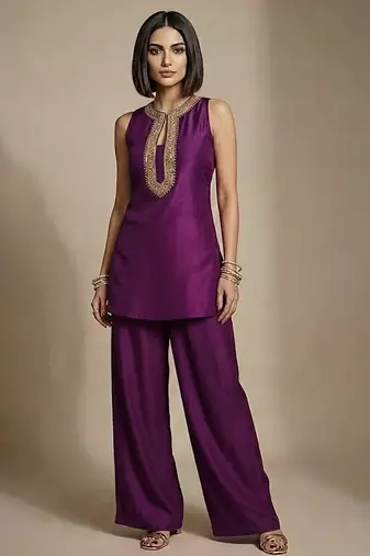 Purple embroidered raw silk co ord set