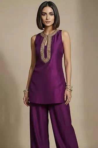 Purple embroidered raw silk co ord set