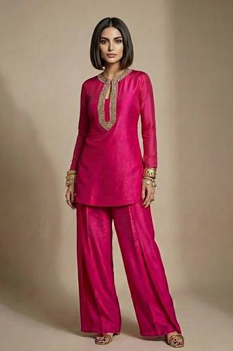 Pink embroidered raw silk co ord set