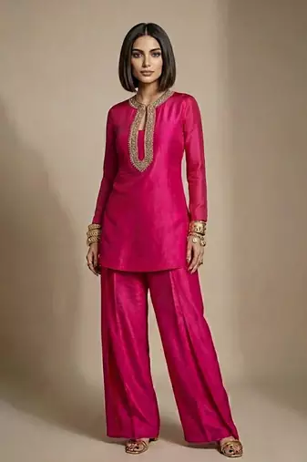 Pink embroidered raw silk co ord set