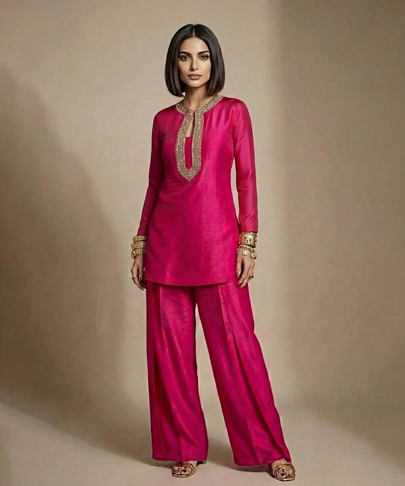 Pink embroidered raw silk co ord set