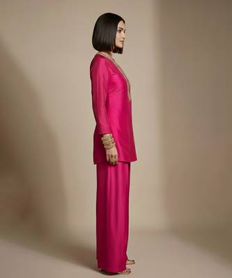 Pink embroidered raw silk co ord set 2