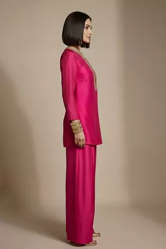 Pink embroidered raw silk co ord set