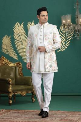 cream computer thread work on art silk 3 peice indo western set for men  1