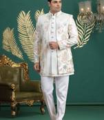 cream computer thread work on art silk 3 peice indo western set for men 