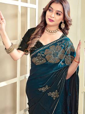 Teal blue half n half satin silk party wear wedding saree with matching blouse piece 3