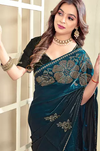 Teal blue half n half satin silk party wear wedding saree with matching blouse piece
