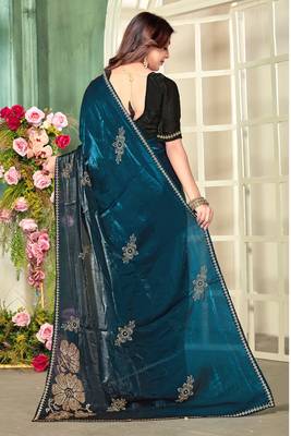 Teal blue half n half satin silk party wear wedding saree with matching blouse piece 4