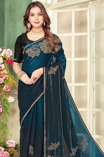 Teal blue half n half satin silk party wear wedding saree with matching blouse piece