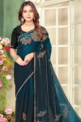 Teal blue half n half satin silk party wear wedding saree with matching blouse piece