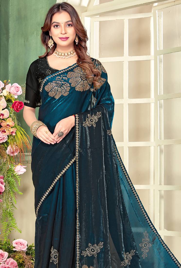 Teal blue half n half satin silk party wear wedding saree with matching blouse piece