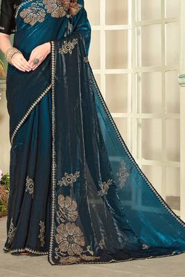 Teal blue half n half satin silk party wear wedding saree with matching blouse piece 5