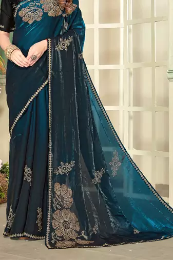 Teal blue half n half satin silk party wear wedding saree with matching blouse piece