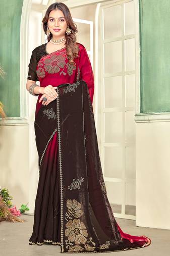 Magenta half n half satin silk party wear wedding saree with matching blouse piece