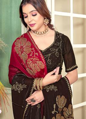 Magenta half n half satin silk party wear wedding saree with matching blouse piece 2