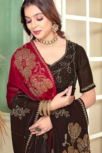 Magenta half n half satin silk party wear wedding saree with matching blouse piece