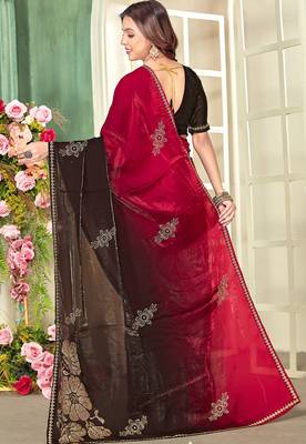 Magenta half n half satin silk party wear wedding saree with matching blouse piece 3