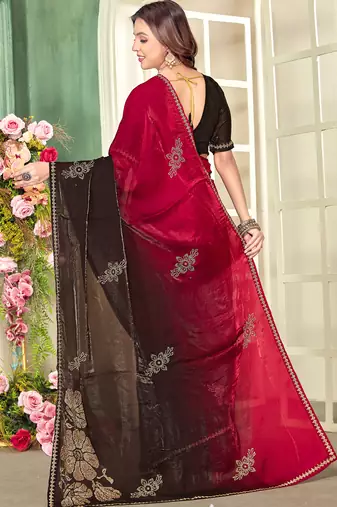 Magenta half n half satin silk party wear wedding saree with matching blouse piece