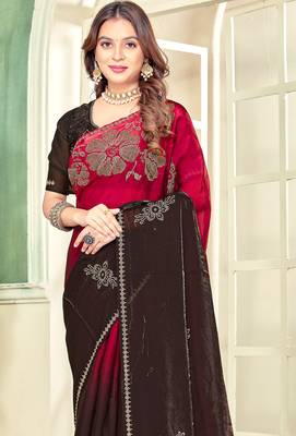 Magenta half n half satin silk party wear wedding saree with matching blouse piece 4