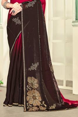 Magenta half n half satin silk party wear wedding saree with matching blouse piece 5