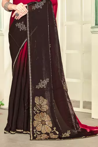 Magenta half n half satin silk party wear wedding saree with matching blouse piece