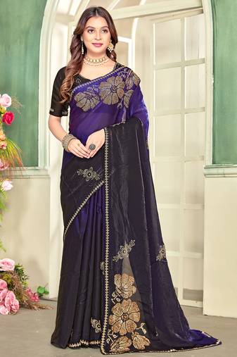 Purple half n half satin silk party wear wedding saree with matching blouse piece
