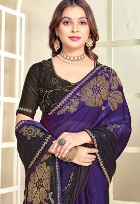 Purple half n half satin silk party wear wedding saree with matching blouse piece 2