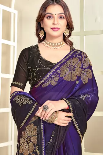 Purple half n half satin silk party wear wedding saree with matching blouse piece