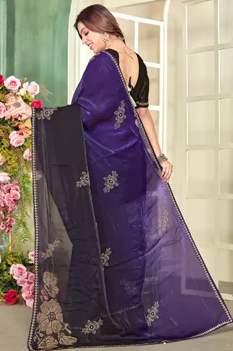 Purple half n half satin silk party wear wedding saree with matching blouse piece