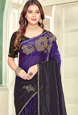Purple half n half satin silk party wear wedding saree with matching blouse piece 4