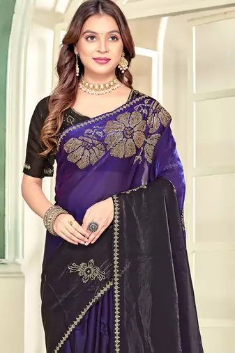 Purple half n half satin silk party wear wedding saree with matching blouse piece