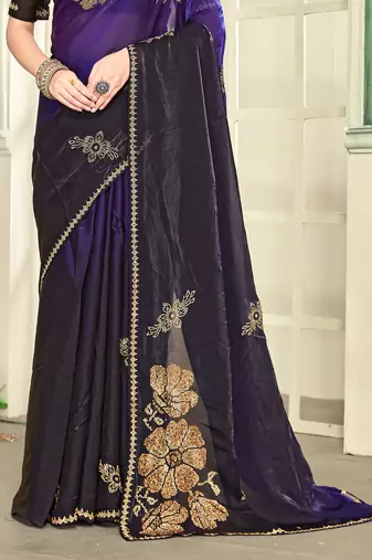Purple half n half satin silk party wear wedding saree with matching blouse piece