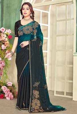 Teal blue half n half satin silk party wear wedding saree with matching blouse piece 1