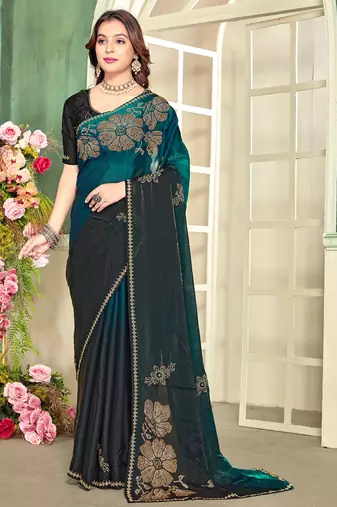 Teal blue half n half satin silk party wear wedding saree with matching blouse piece