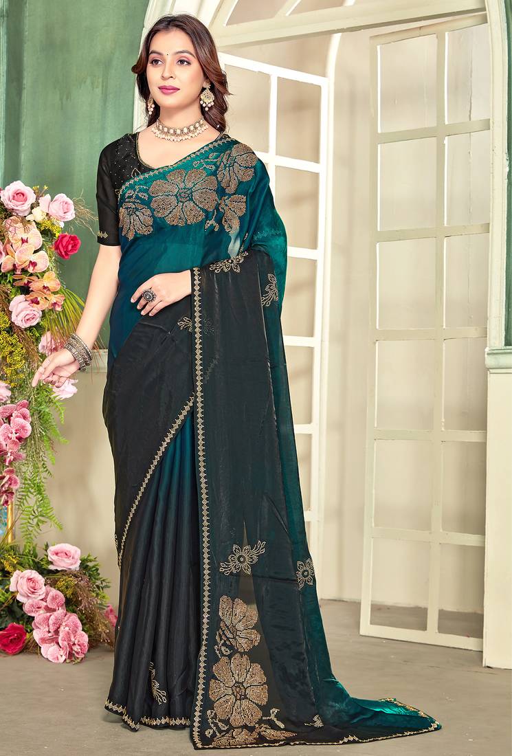 Teal blue half n half satin silk party wear wedding saree with matching blouse piece
