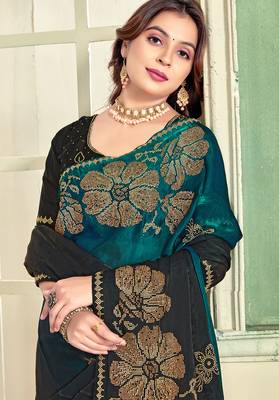 Teal blue half n half satin silk party wear wedding saree with matching blouse piece 2