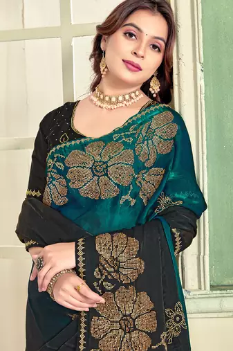 Teal blue half n half satin silk party wear wedding saree with matching blouse piece