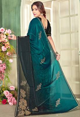 Teal blue half n half satin silk party wear wedding saree with matching blouse piece 3