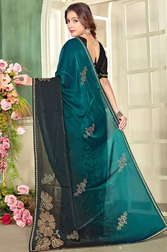 Teal blue half n half satin silk party wear wedding saree with matching blouse piece