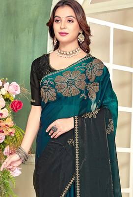 Teal blue half n half satin silk party wear wedding saree with matching blouse piece 4