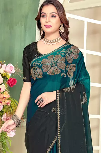 Teal blue half n half satin silk party wear wedding saree with matching blouse piece