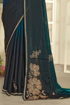 Teal blue half n half satin silk party wear wedding saree with matching blouse piece 5