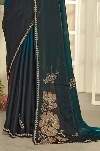 Teal blue half n half satin silk party wear wedding saree with matching blouse piece