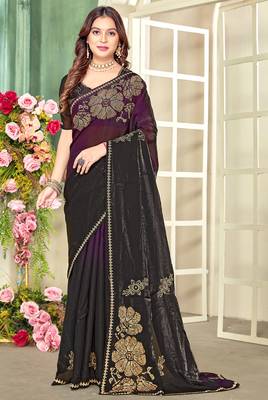 Purple half n half satin silk party wear wedding saree with matching blouse piece 1
