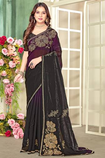 Purple half n half satin silk party wear wedding saree with matching blouse piece