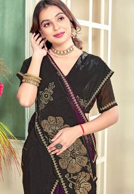 Purple half n half satin silk party wear wedding saree with matching blouse piece 2