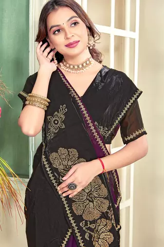Purple half n half satin silk party wear wedding saree with matching blouse piece