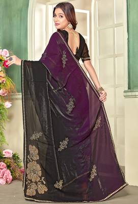 Purple half n half satin silk party wear wedding saree with matching blouse piece 3
